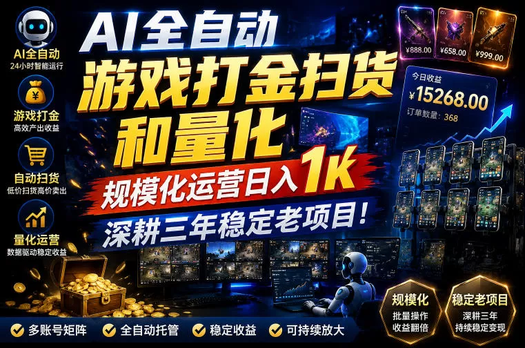 AI全自动游戏打金扫货和量化,规模化运营日入1k,深耕三年稳定老项目!【揭秘】 AI全自动游戏打金扫货和量化,规模化运营日入1k,深耕三年稳定老项目!【揭秘】