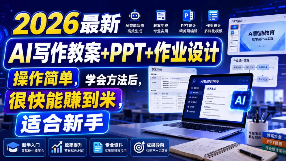 2026最新AI写作教案+PPT+作业设计,操作简单,学会方法后,很快能賺到米,适合新手-鹊桥梦网创