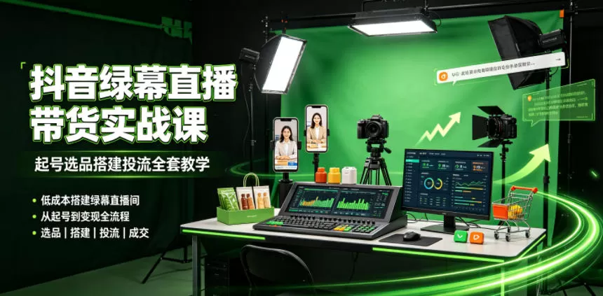 某社群抖音绿幕直播带货实战课,起号选品搭建投流全套教学,低成本搭建绿幕直播间-鹊桥梦网创