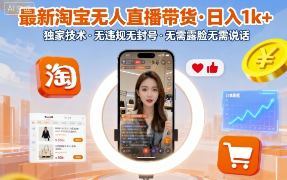 最新淘宝无人直播带货，日入1k+，独家技术，无违规无封号，无需露脸无需说话【揭秘】-鹊桥梦网创