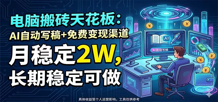 电脑搬砖天花板：AI自动写稿+免费变现渠道，月稳定2W，长期稳定可做-鹊桥梦网创