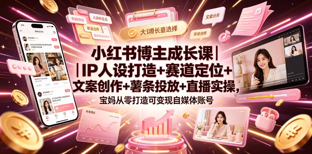 小红书博主成长课|IP人设打造+赛道定位+文案创作+薯条投放+直播实操,宝妈从零打造可变现自媒体账号-鹊桥梦网创