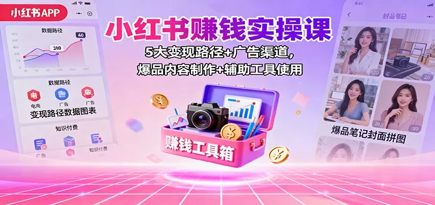 小红书赚钱实操课:5大变现路径+广告渠道,爆品内容制作+辅助工具使用-鹊桥梦网创