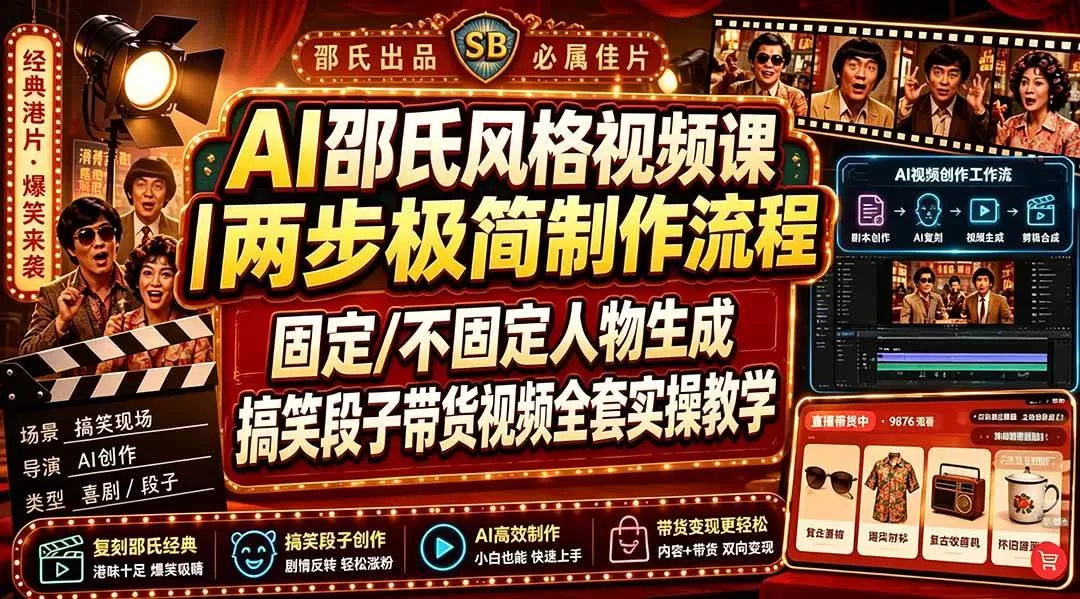 （19602期）AI邵氏风格视频课｜两步极简制作流程，固定/不固定人物生成，搞笑段子带货视频全套实操教学-鹊桥梦网创