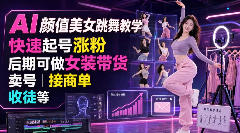 AI颜值美女跳舞教学,快速起号涨粉,后期可做女装带货,卖号,接商单,收徒等-鹊桥梦网创