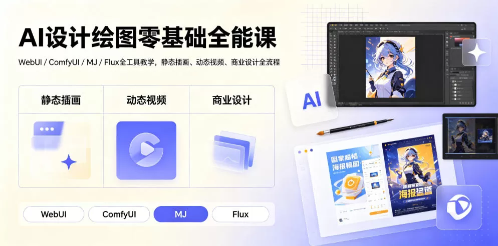 AI设计绘图零基础全能课｜WebUI/ComfyUI/MJ/Flux全工具教学，静态插画、动态视频、商业设计全流程-鹊桥梦网创