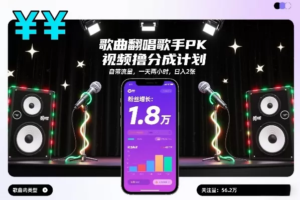 歌曲翻唱歌手PK视频撸分成计划，自带流量，一天两小时，日入2张-鹊桥梦网创