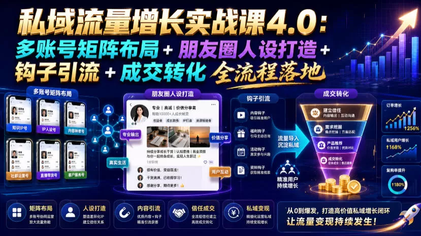 私域流量增长实战课4.0:多账号矩阵布局+朋友圈人设打造+钩子引流+成交转化全流程落地-鹊桥梦网创