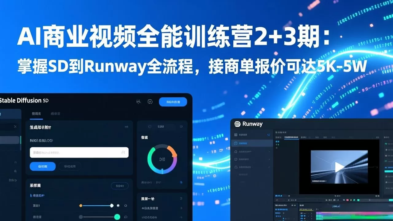 AI商业视频全能训练营2+3期：掌握SD到Runway全流程，接商单报价可达5K-5W-鹊桥梦网创