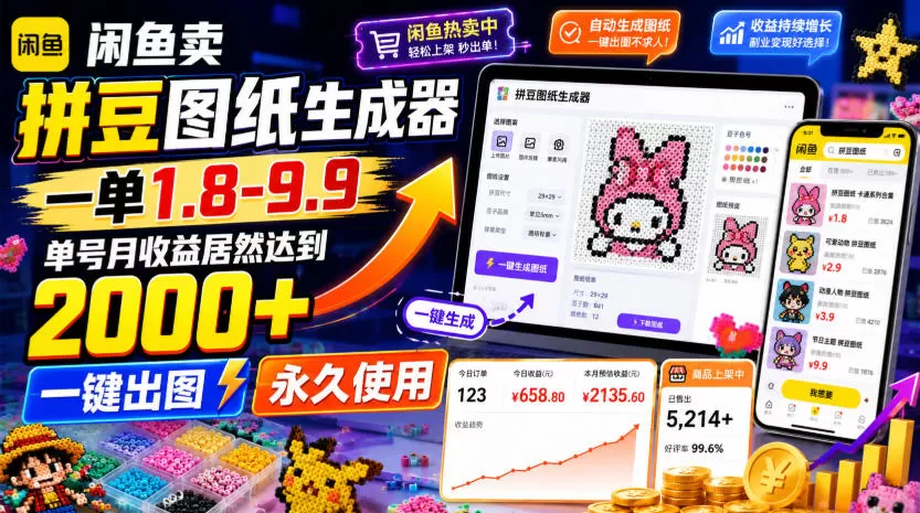 闲鱼卖拼豆图纸生成器，一单1.8-9.9，单号月收益居然达到2000+一键出图永久使用-鹊桥梦网创