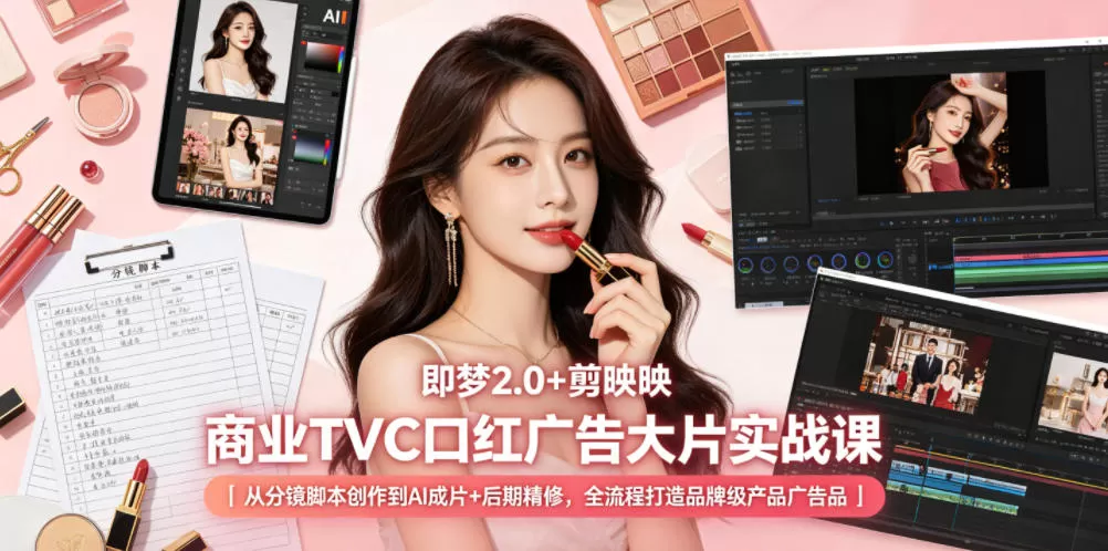 即梦2.0+剪映商业TVC口红广告大片实战课|从分镜脚本创作到AI成片+后期精修,全流程打造品牌级产品广告-鹊桥梦网创