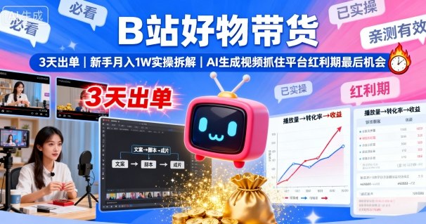 B站好物带货，3天出单，新手月入1W实操拆解，AI生成视频，抓住平台红利期最后机会-鹊桥梦网创