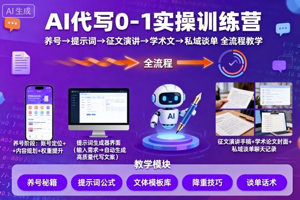 AI代写0-1实操训练营，从养号、提示词、征文演讲、学术文，到私域谈单的全流程教学-鹊桥梦网创