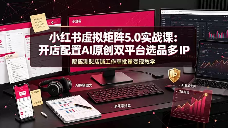 小红书虚拟矩阵5.0实战课:开店配置|AI原创|双平台选品|多IP隔离|测怼店铺工作室批量变现实操教学-鹊桥梦网创