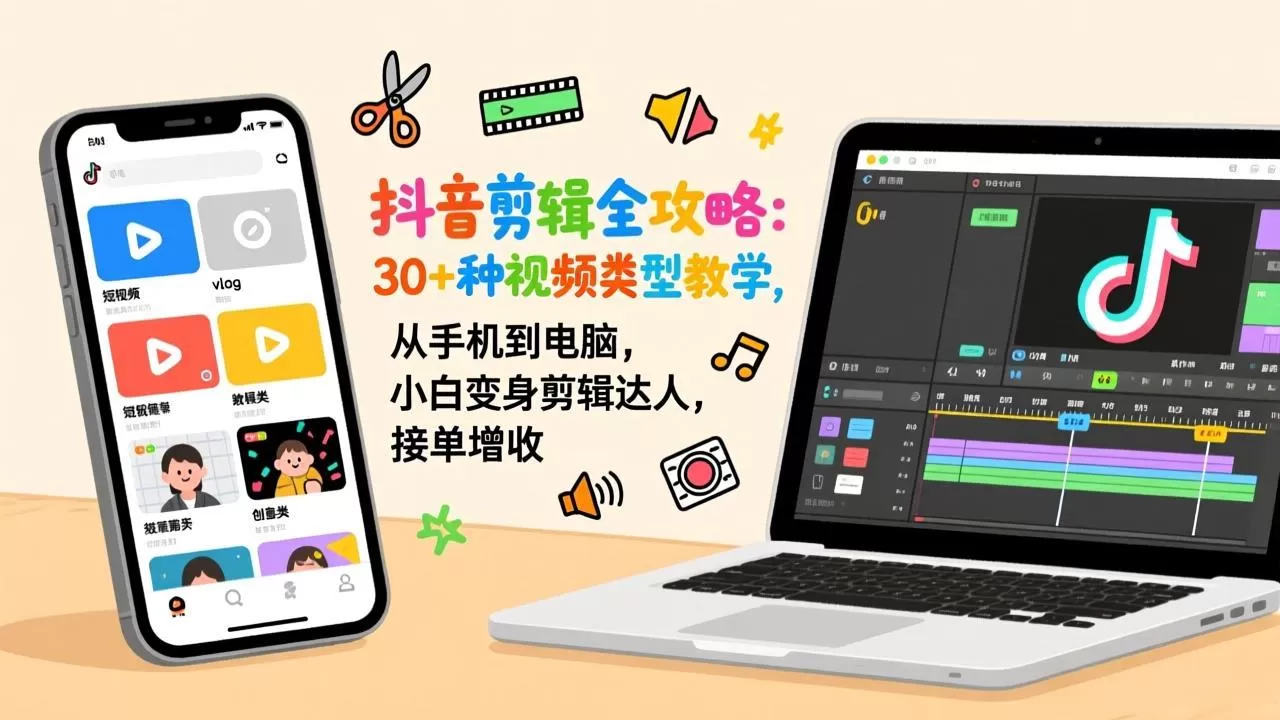 抖音剪辑全攻略：30+种视频类型教学，从手机到电脑，小白变身剪辑达人，接单增收-鹊桥梦网创