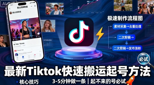 最新Tiktok快速搬运快速起号方法，3-5分钟做一条，起不来的号可以试试-鹊桥梦网创