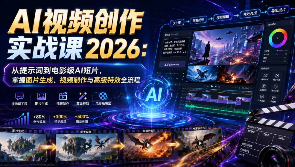 AI视频创作实战课2026:从提示词到电影级AI短片,掌握图片生成、视频制作与高级特效全流程-鹊桥梦网创