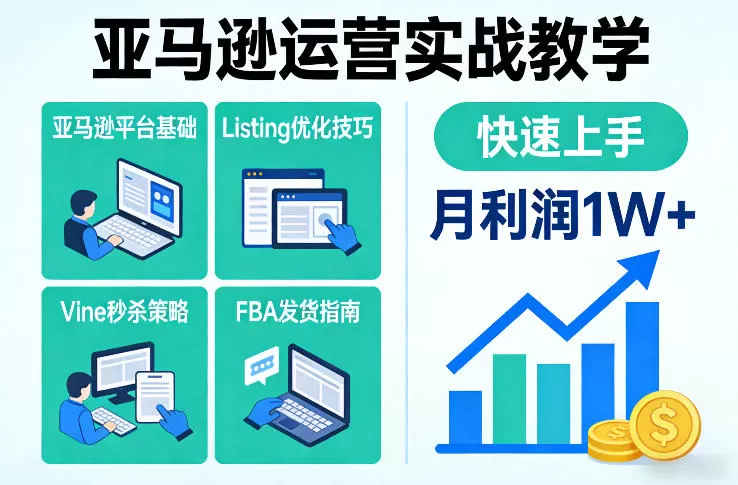 亚马逊运营实战教学，亚马逊平台+Listing优化+Vine秒杀+FBA发货等，快速上手，实现店铺月利润1W-鹊桥梦网创