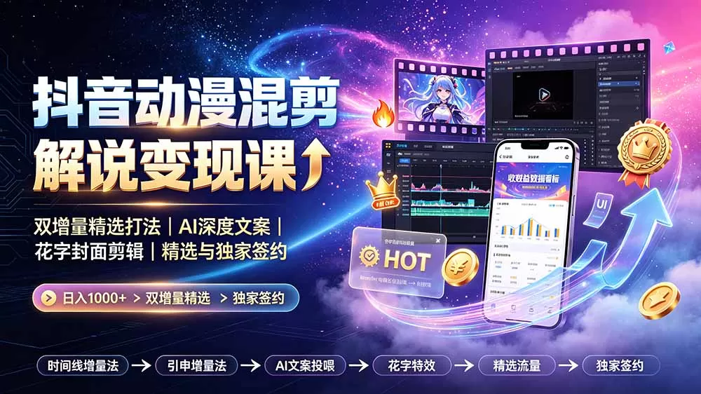 抖音动漫混剪解说变现课:双增量精选打法|AI深度文案|花字封面剪辑| 精选与独家签约日入1000+-鹊桥梦网创