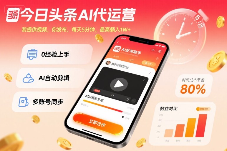 今日头条AI代运营，我提供视频，你发布，每天5分钟，最高躺入1W+【揭秘】-鹊桥梦网创