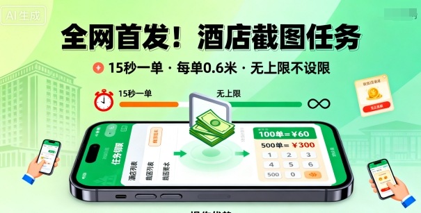 全网首发！酒店截图任务，15秒一单，每单0.6米，任务无上限不设限，矩阵操作单日3张到手【揭秘】-鹊桥梦网创