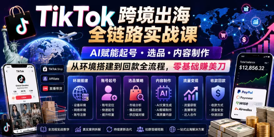 TikTok跨境出海全链路实战课，AI赋能起号・选品・内容制作，从环境搭建到回款全流程，零基础賺美刀