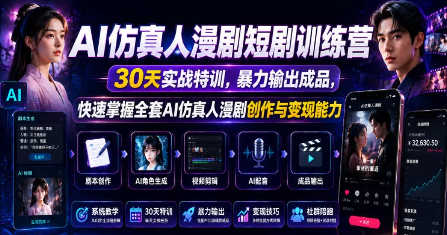 AI仿真人漫剧短剧训练营,30天实战特训,暴力输出成品,快速掌握全套AI仿真人漫剧创作与变现能力-鹊桥梦网创