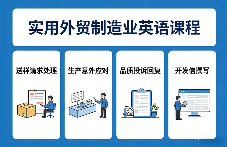 实用外贸制造业英语课程，教你专业处理送样请求、应对生产意外、回复品质投诉、撰写开发信等