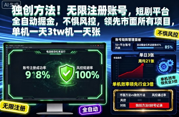 独创方法!无限注册账号,短剧平台全自动掘金,不惧风控,领先市面所有项目,单机一天3张【揭秘】-鹊桥梦网创