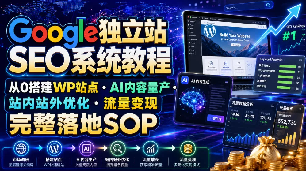 Google独立站SEO系统教程,从0搭建WP站点・AI内容量产・站内站外优化・流量变现完整落地SOP(2026年7月)-鹊桥梦网创