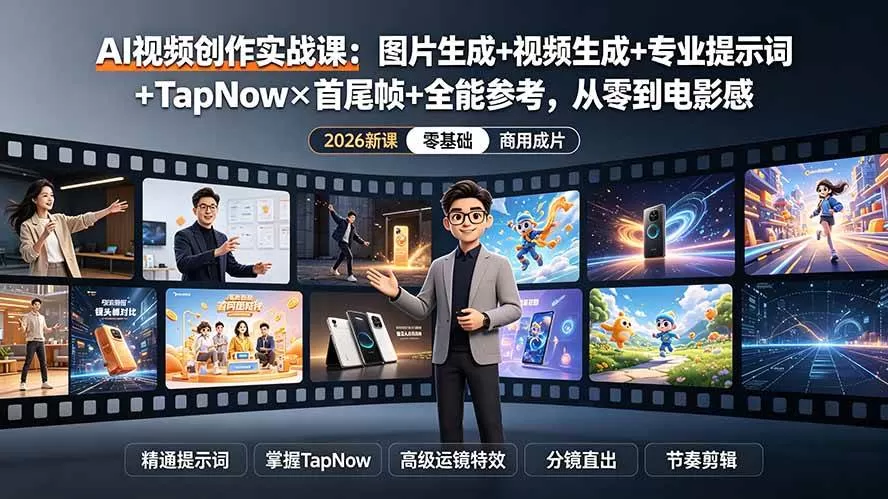 (19383期)AI视频创作实战课:图片生成+视频生成+专业提示词+TapNow×首尾帧+全能参考,从零到电影感成片-鹊桥梦网创