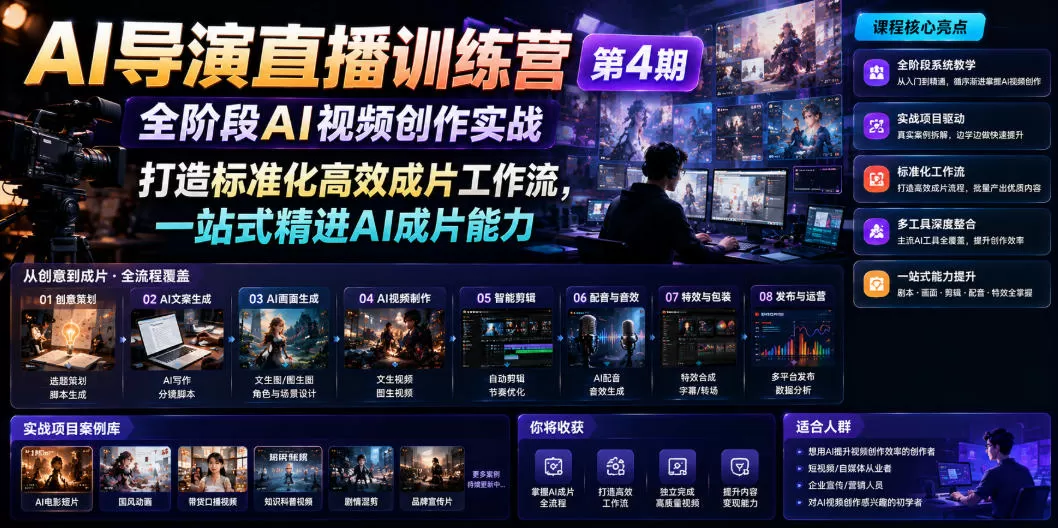 AI导演直播训练营第4期|全阶段AI视频创作实战,打造标准化高效成片工作流,一站式精进AI成片能力-鹊桥梦网创