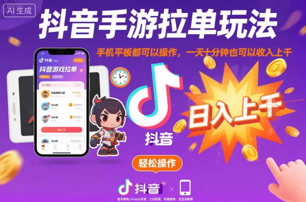 抖音手游拉单玩法，手机平板都可以操作，一天十分钟也可以收入上K【揭秘】-鹊桥梦网创