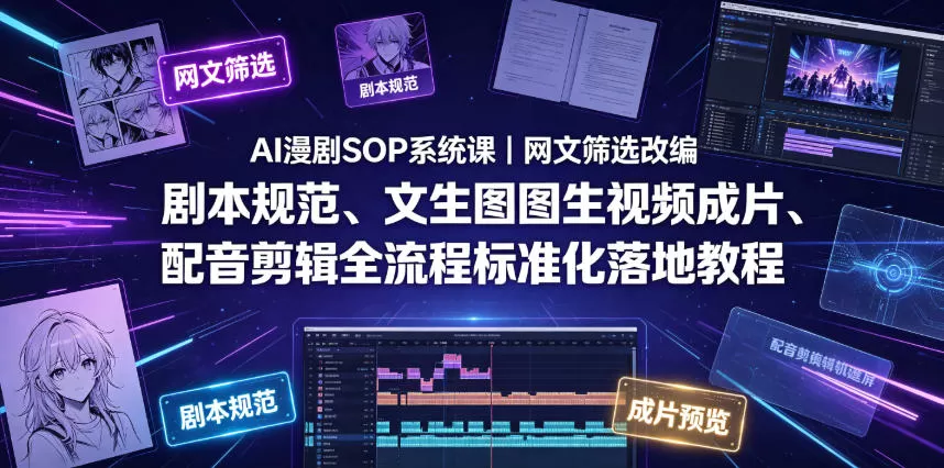 AI漫剧SOP系统课|网文筛选改编、剧本规范、文生图图生视频成片、配音剪辑全流程标准化落地教程-鹊桥梦网创