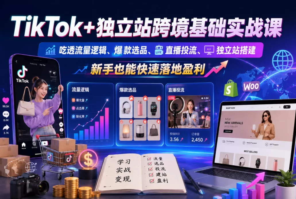 TikTok+独立站跨境基础实战课,吃透流量逻辑、爆款选品、直播投流与独立站搭建,新手也能快速落地盈利-鹊桥梦网创