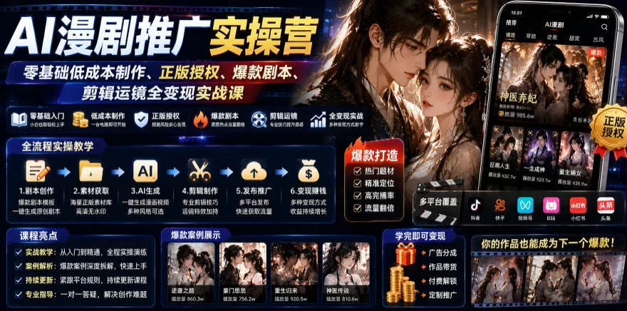 AI漫剧推广实操营|零基础低成本制作、正版授权、爆款剧本、剪辑运镜全变现实战课-鹊桥梦网创