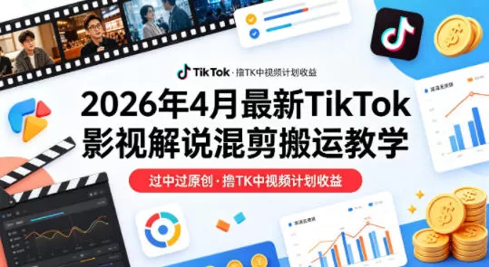 26年4月最新TikTok影视解说混剪搬运教学，过中过原创，撸TK中视频计划收益-鹊桥梦网创