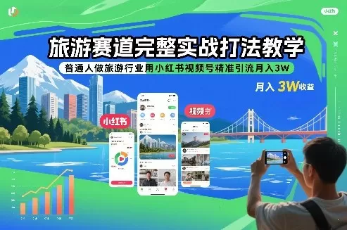 旅游赛道完整实战打法教学，普通人做旅游行业用小红书视频号精准引流月入3W-鹊桥梦网创