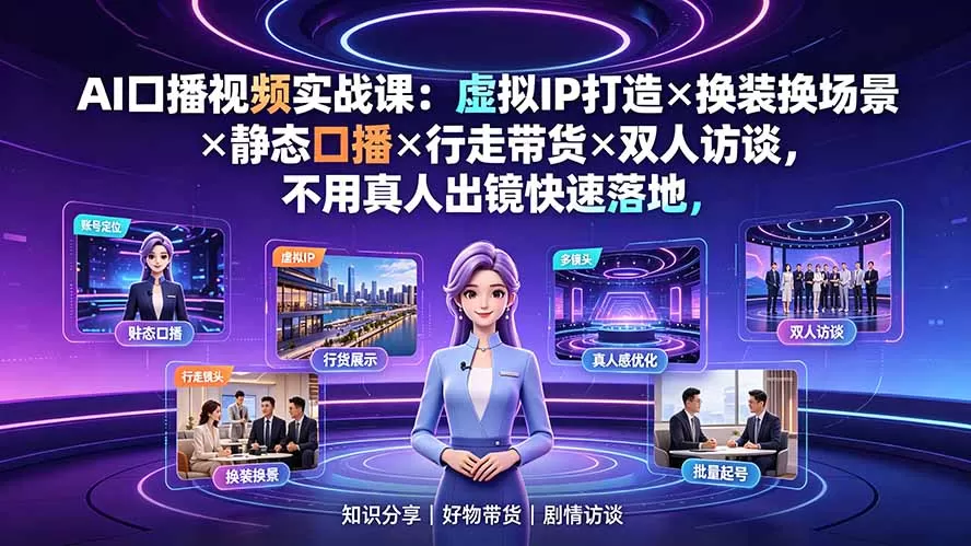 AI口播视频实战课：虚拟IP打造×换装换场景×静态口播×行走带货×双人访谈，不用真人出镜快速落地-鹊桥梦网创