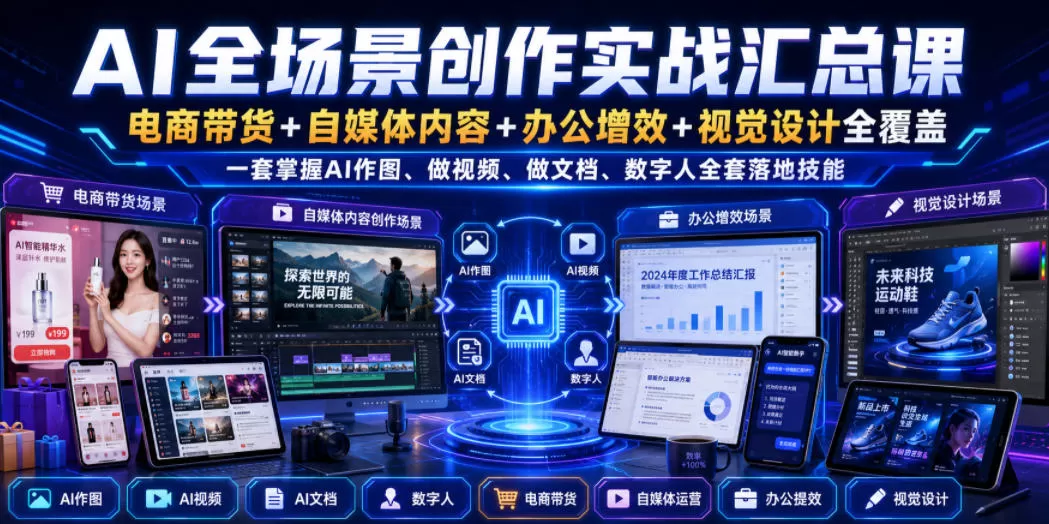 AI全场景创作实战汇总课|电商带货+自媒体内容+办公增效+视觉设计全覆盖,一套掌握AI作图、做视频、做文档、数字人全套落地技能-鹊桥梦网创