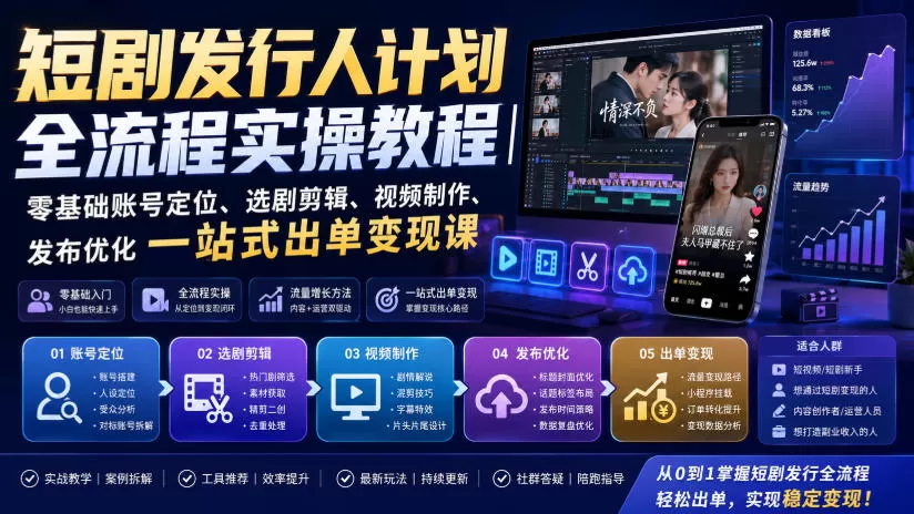 短剧发行人计划全流程实操教程|零基础账号定位、选剧剪辑、视频制作、发布优化一站式出单变现课 短剧发行人计划全流程实操教程|零基础账号定位、选剧剪辑、视频制作、发布优化一站式出单变现课
