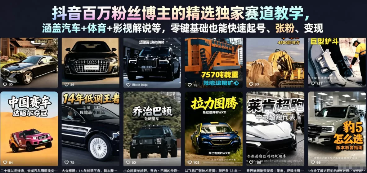 抖音百万粉丝博主的精选独家赛道教学,涵盖汽车+体育+影视解说等,零基础也能快速起号、涨粉、变现-鹊桥梦网创