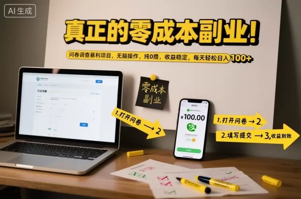 真正的零成本副业！问卷调查暴利项目，无脑操作，纯0撸，收益稳定，每天轻松日入100+【揭秘】-鹊桥梦网创