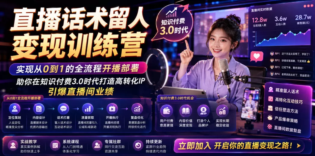 直播话术留人变现训练营，实现从0到1的全流程开播部署，助你在知识付费3.0时代打造高转化IP，引爆直播间业绩-鹊桥梦网创