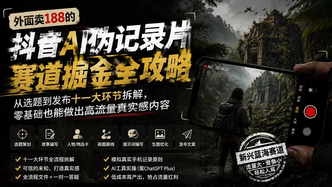 外面卖188的抖音AI伪记录片赛道掘金全攻略；从选题到发布十一大环节拆解，零基础也能做出高流量真实感内容-鹊桥梦网创