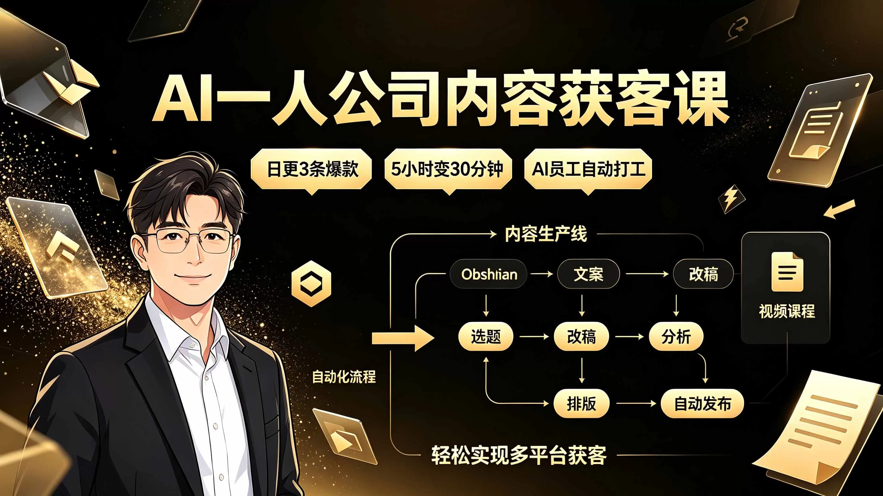 AI一人公司内容获客课：日更3条爆款×5小时变30分钟×AI员工自动打工，轻松实现多平台获客-鹊桥梦网创