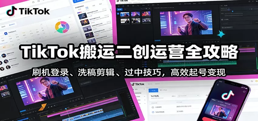 TikTok搬运二创运营全攻略：刷机登录、洗稿剪辑 、过中技巧，高效起号变现-鹊桥梦网创