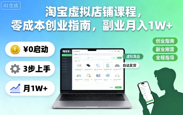 淘宝虚拟店铺课程,零成本创业指南,副业月入1W+-鹊桥梦网创