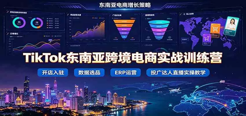 TikTok东南亚跨境电商实战训练营：开店入驻数据选品ERP运营，投广达人直播实操教学-鹊桥梦网创