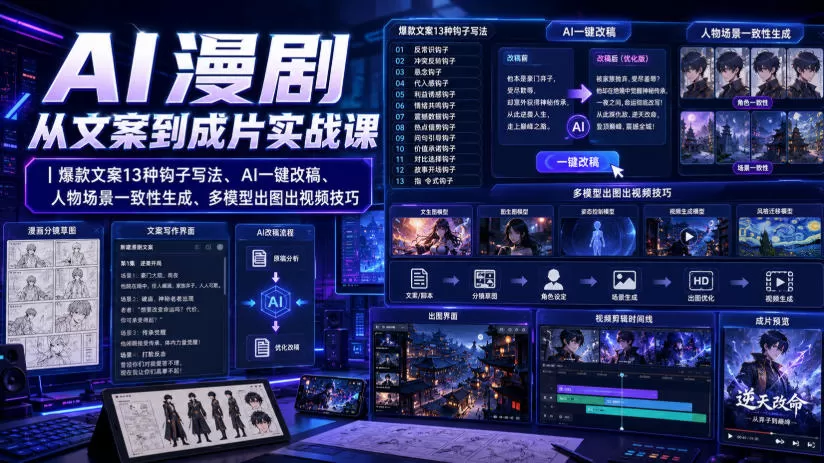 AI漫剧从文案到成片实战课|爆款文案13种钩子写法、AI一键改稿、人物场景一致性生成、多模型出图出视频技巧-鹊桥梦网创